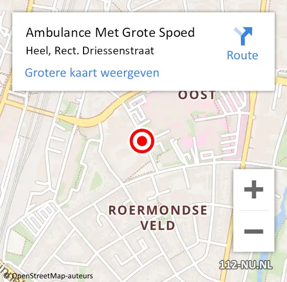 Locatie op kaart van de 112 melding: Ambulance Met Grote Spoed Naar Heel, Rect. Driessenstraat op 11 augustus 2018 21:21