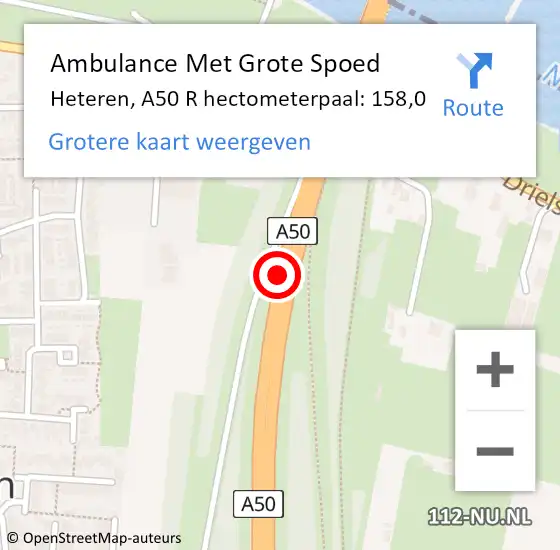 Locatie op kaart van de 112 melding: Ambulance Met Grote Spoed Naar Heteren, A50 Re hectometerpaal: 160,2 op 12 augustus 2018 00:20