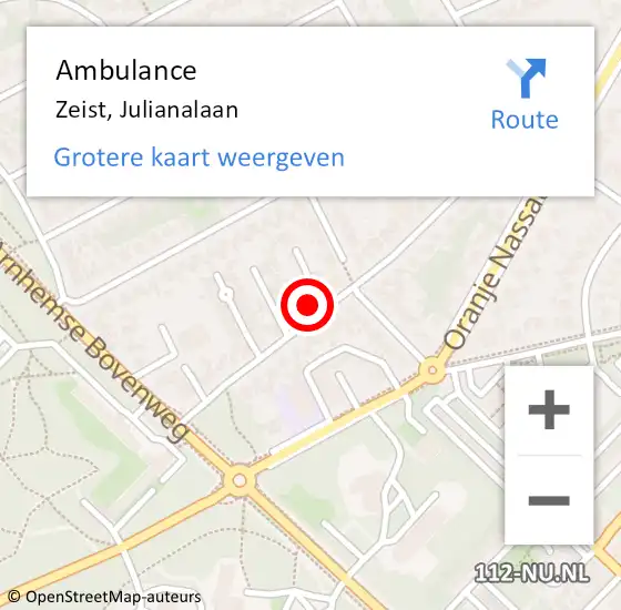 Locatie op kaart van de 112 melding: Ambulance Zeist, Julianalaan op 12 augustus 2018 00:53