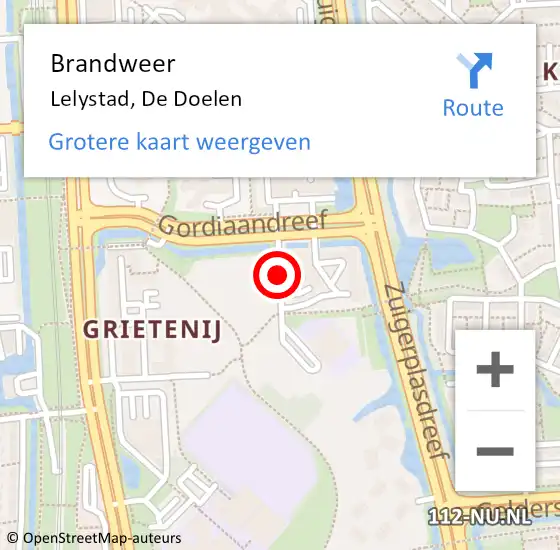 Locatie op kaart van de 112 melding: Brandweer Lelystad, De Doelen op 12 augustus 2018 07:03