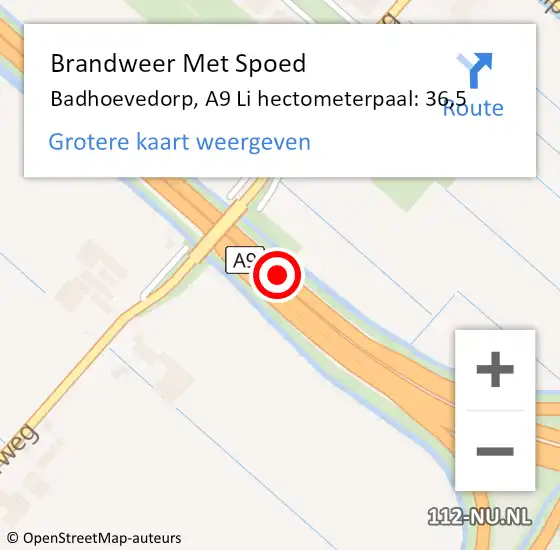 Locatie op kaart van de 112 melding: Brandweer Met Spoed Naar Badhoevedorp, A9 Li hectometerpaal: 36,5 op 12 augustus 2018 13:52