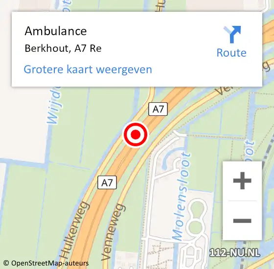 Locatie op kaart van de 112 melding: Ambulance Berkhout, A7 Re op 12 augustus 2018 20:30