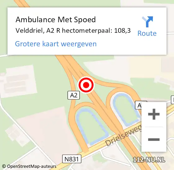 Locatie op kaart van de 112 melding: Ambulance Met Spoed Naar Velddriel, A2 Li hectometerpaal: 108,7 op 12 augustus 2018 21:53