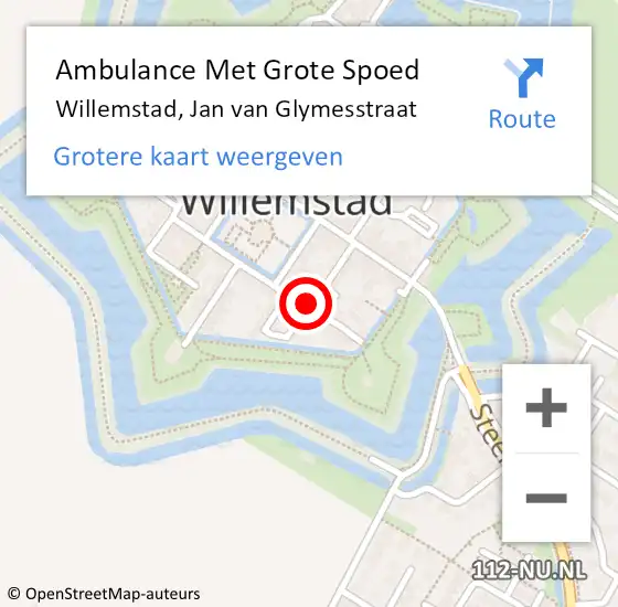 Locatie op kaart van de 112 melding: Ambulance Met Grote Spoed Naar Willemstad, Jan van Glymesstraat op 13 augustus 2018 09:32