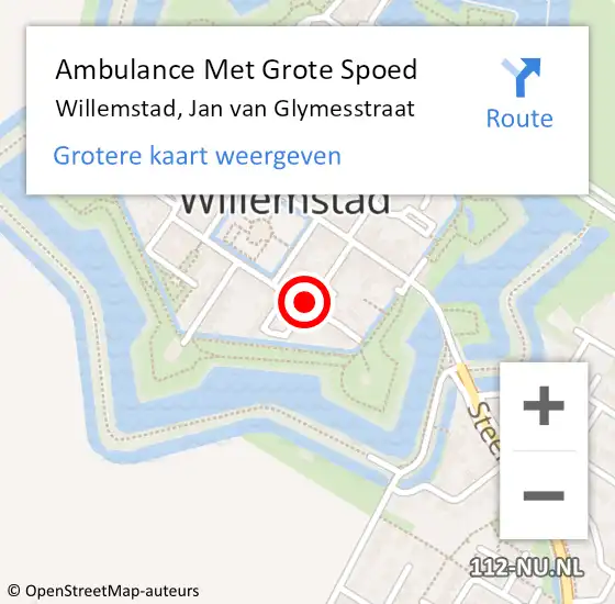 Locatie op kaart van de 112 melding: Ambulance Met Grote Spoed Naar Willemstad, Jan van Glymesstraat op 13 augustus 2018 09:33