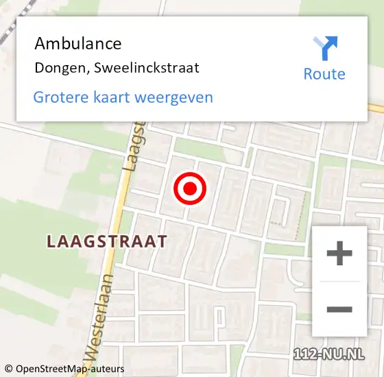 Locatie op kaart van de 112 melding: Ambulance Dongen, Sweelinckstraat op 13 augustus 2018 10:33