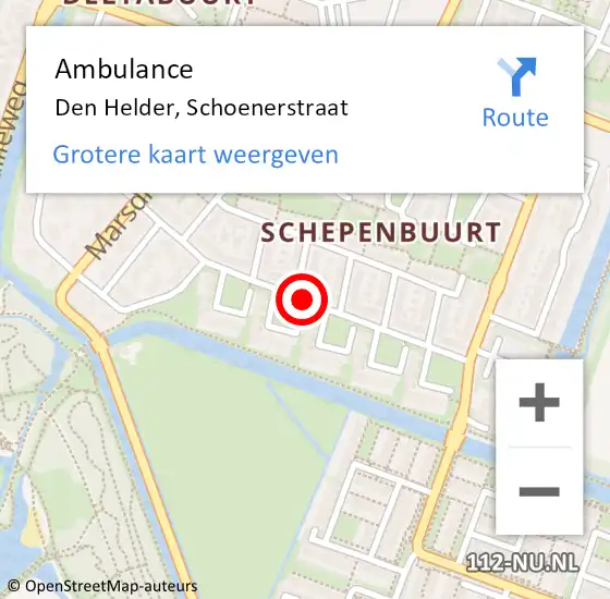 Locatie op kaart van de 112 melding: Ambulance Den Helder, Schoenerstraat op 13 augustus 2018 12:30