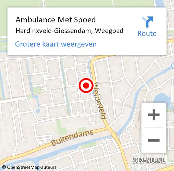 Locatie op kaart van de 112 melding: Ambulance Met Spoed Naar Hardinxveld-Giessendam, Weegpad op 13 augustus 2018 15:27