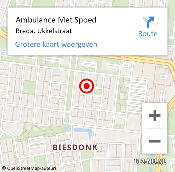 Locatie op kaart van de 112 melding: Ambulance Met Spoed Naar Breda, Ukkelstraat op 13 augustus 2018 20:10