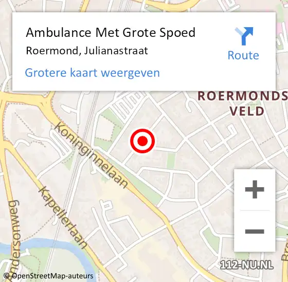 Locatie op kaart van de 112 melding: Ambulance Met Grote Spoed Naar Roermond, Julianastraat op 13 augustus 2018 20:51