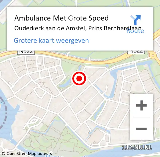 Locatie op kaart van de 112 melding: Ambulance Met Grote Spoed Naar Ouderkerk aan de Amstel, Prins Bernhardlaan op 14 augustus 2018 06:58