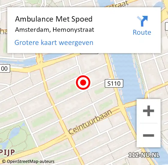 Locatie op kaart van de 112 melding: Ambulance Met Spoed Naar Amsterdam, Hemonystraat op 14 augustus 2018 10:23