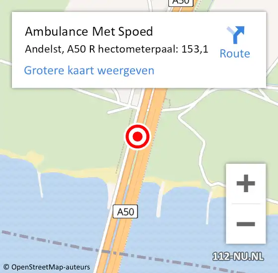 Locatie op kaart van de 112 melding: Ambulance Met Spoed Naar Andelst, A50 R hectometerpaal: 153,1 op 14 augustus 2018 12:57