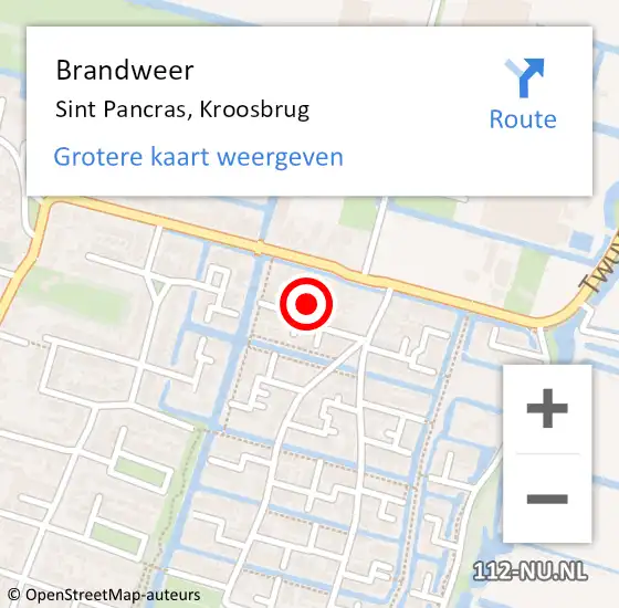 Locatie op kaart van de 112 melding: Brandweer Sint Pancras, Kroosbrug op 14 augustus 2018 14:34