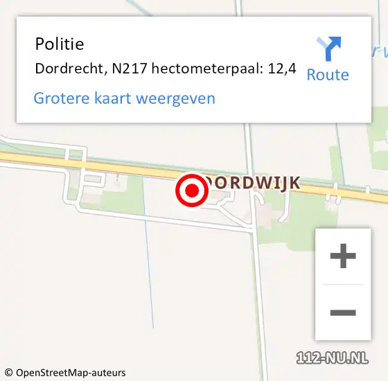 Locatie op kaart van de 112 melding: Politie Dordrecht, N217 hectometerpaal: 12,4 op 15 augustus 2018 05:42