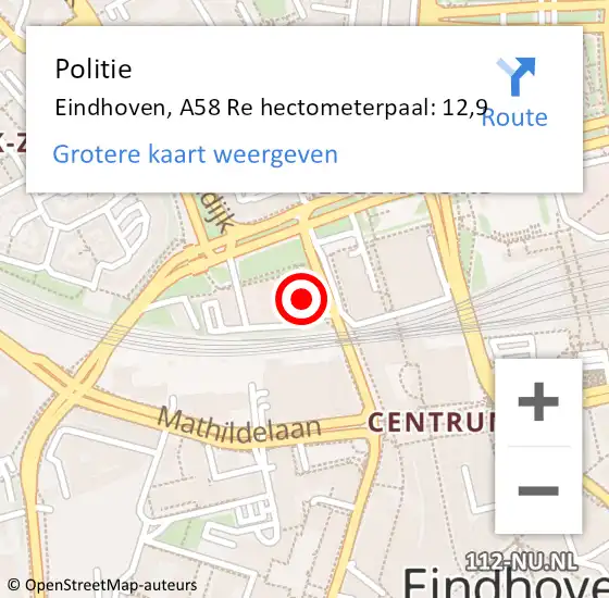 Locatie op kaart van de 112 melding: Politie Eindhoven, A58 Re hectometerpaal: 12,9 op 15 augustus 2018 06:38