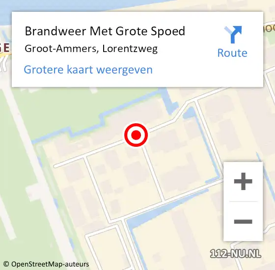 Locatie op kaart van de 112 melding: Brandweer Met Grote Spoed Naar Groot-Ammers, Lorentzweg op 15 augustus 2018 16:17