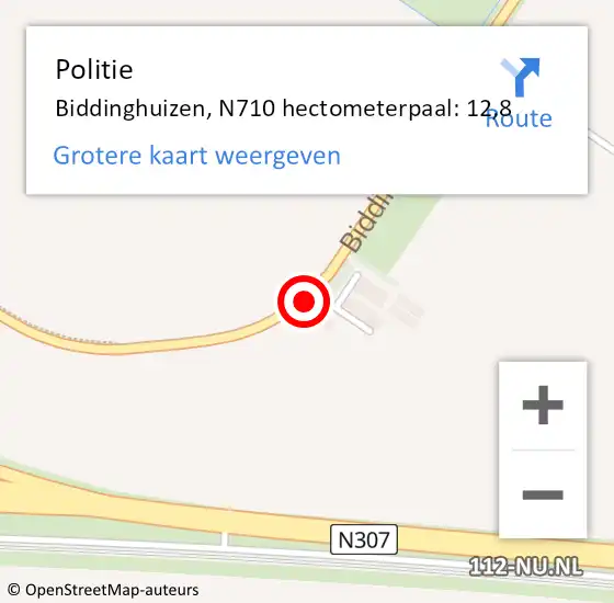 Locatie op kaart van de 112 melding: Politie Biddinghuizen, N710 hectometerpaal: 12,8 op 16 augustus 2018 12:57
