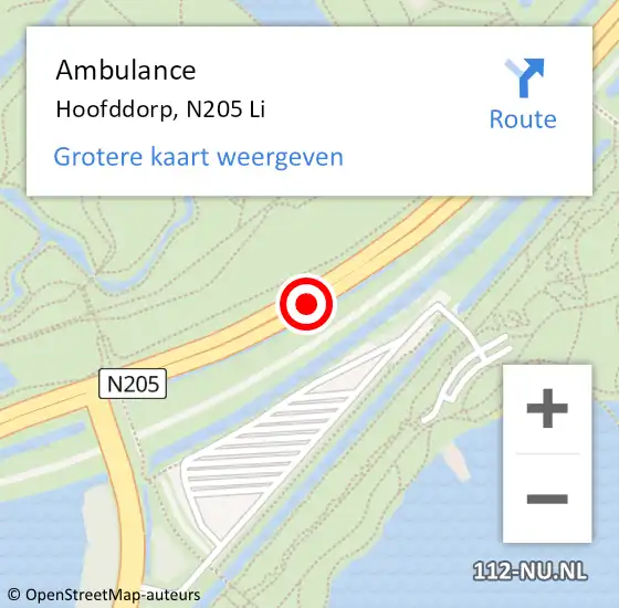 Locatie op kaart van de 112 melding: Ambulance Hoofddorp, N205 Li op 16 augustus 2018 13:04