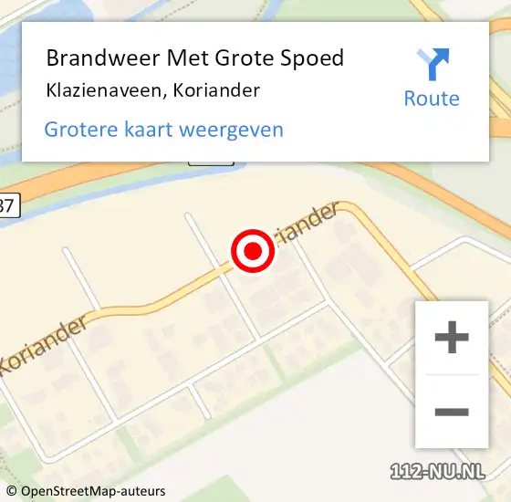 Locatie op kaart van de 112 melding: Brandweer Met Grote Spoed Naar Klazienaveen, Koriander op 16 augustus 2018 14:31