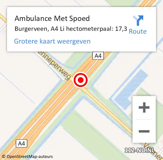 Locatie op kaart van de 112 melding: Ambulance Met Spoed Naar Burgerveen, A4 Li hectometerpaal: 17,3 op 17 augustus 2018 06:16