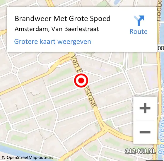 Locatie op kaart van de 112 melding: Brandweer Met Grote Spoed Naar Amsterdam, Van Baerlestraat op 17 augustus 2018 14:12