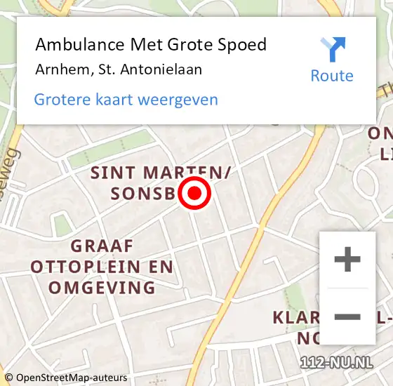 Locatie op kaart van de 112 melding: Ambulance Met Grote Spoed Naar Arnhem, St. Antonielaan op 17 augustus 2018 14:41