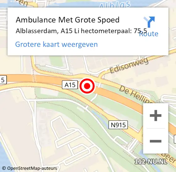 Locatie op kaart van de 112 melding: Ambulance Met Grote Spoed Naar Alblasserdam, A15 Li hectometerpaal: 75,5 op 17 augustus 2018 14:48