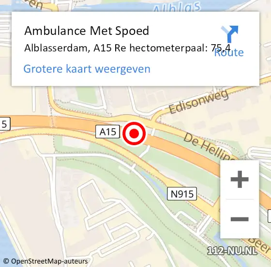 Locatie op kaart van de 112 melding: Ambulance Met Spoed Naar Alblasserdam, A15 Re hectometerpaal: 75,4 op 17 augustus 2018 14:51