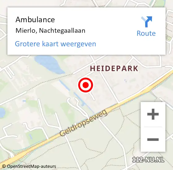 Locatie op kaart van de 112 melding: Ambulance Mierlo, Nachtegaallaan op 17 augustus 2018 15:14