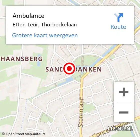 Locatie op kaart van de 112 melding: Ambulance Etten-Leur, Thorbeckelaan op 17 augustus 2018 15:35