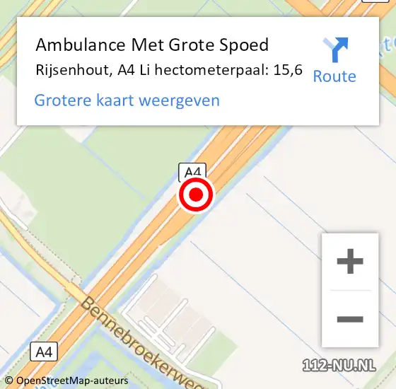 Locatie op kaart van de 112 melding: Ambulance Met Grote Spoed Naar Rijsenhout, A4 Li hectometerpaal: 15,6 op 18 augustus 2018 17:51