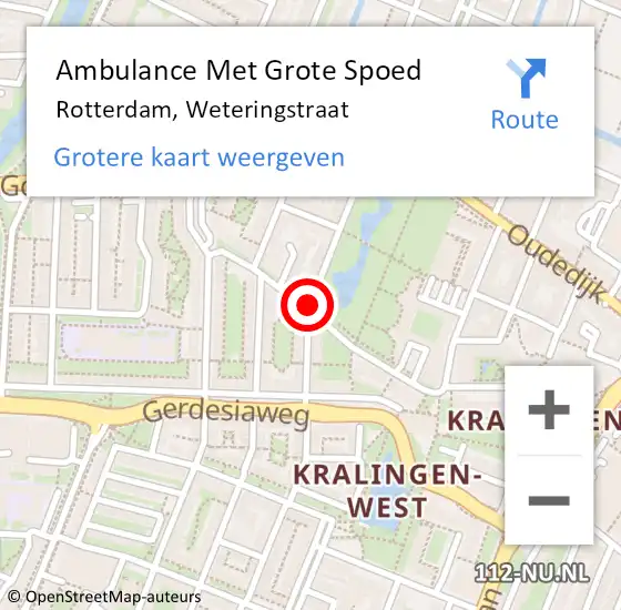 Locatie op kaart van de 112 melding: Ambulance Met Grote Spoed Naar Rotterdam, Weteringstraat op 18 augustus 2018 19:07