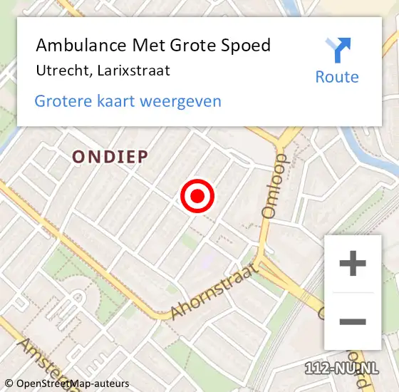 Locatie op kaart van de 112 melding: Ambulance Met Grote Spoed Naar Utrecht, Larixstraat op 18 augustus 2018 22:21