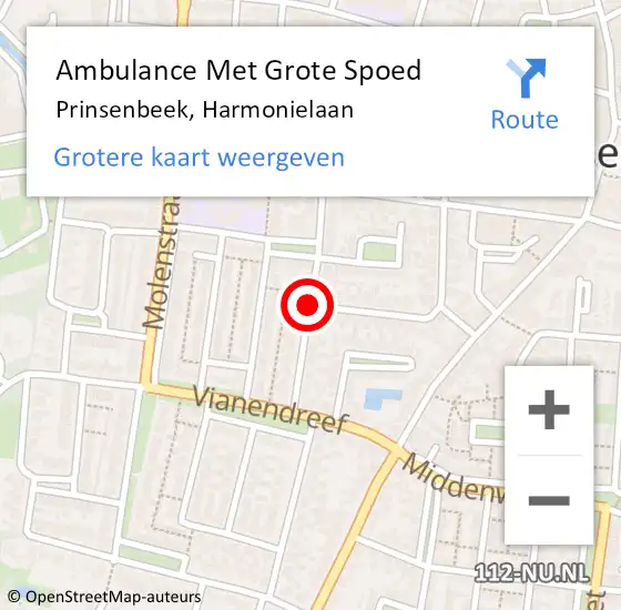 Locatie op kaart van de 112 melding: Ambulance Met Grote Spoed Naar Prinsenbeek, Harmonielaan op 19 augustus 2018 00:41