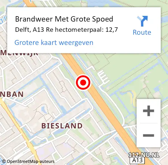 Locatie op kaart van de 112 melding: Brandweer Met Grote Spoed Naar Delft, A13 Re hectometerpaal: 10,6 op 19 augustus 2018 03:56