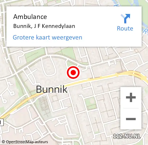 Locatie op kaart van de 112 melding: Ambulance Bunnik, J F Kennedylaan op 19 augustus 2018 04:14