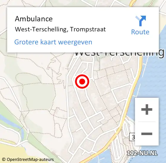 Locatie op kaart van de 112 melding: Ambulance West-Terschelling, Trompstraat op 19 augustus 2018 17:51