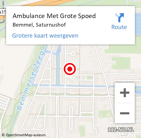 Locatie op kaart van de 112 melding: Ambulance Met Grote Spoed Naar Bemmel, Saturnushof op 19 augustus 2018 18:47