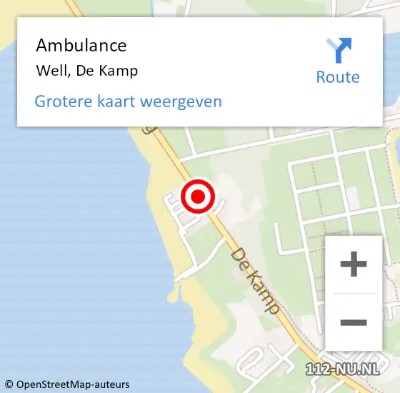 Locatie op kaart van de 112 melding: Ambulance Well, De Kamp op 20 augustus 2018 09:59