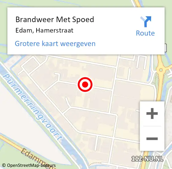Locatie op kaart van de 112 melding: Brandweer Met Spoed Naar Edam, Hamerstraat op 20 augustus 2018 10:48