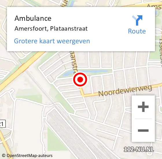 Locatie op kaart van de 112 melding: Ambulance Amersfoort, Plataanstraat op 20 augustus 2018 11:04