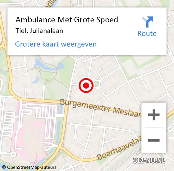 Locatie op kaart van de 112 melding: Ambulance Met Grote Spoed Naar Tiel, Julianalaan op 20 augustus 2018 11:21