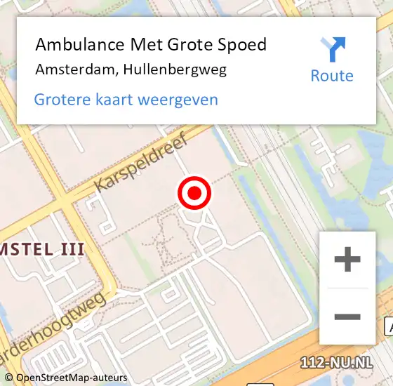 Locatie op kaart van de 112 melding: Ambulance Met Grote Spoed Naar Amsterdam, Hullenbergweg op 20 augustus 2018 11:25