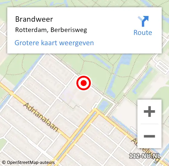 Locatie op kaart van de 112 melding: Brandweer Rotterdam, Berberisweg op 20 augustus 2018 12:39