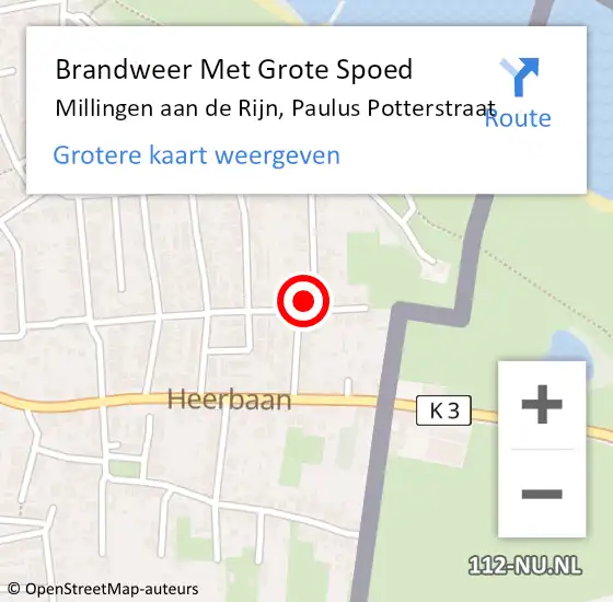 Locatie op kaart van de 112 melding: Brandweer Met Grote Spoed Naar Millingen aan de Rijn, Paulus Potterstraat op 20 augustus 2018 13:27