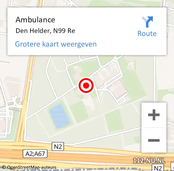 Locatie op kaart van de 112 melding: Ambulance Den Helder, N99 Re op 20 augustus 2018 15:18