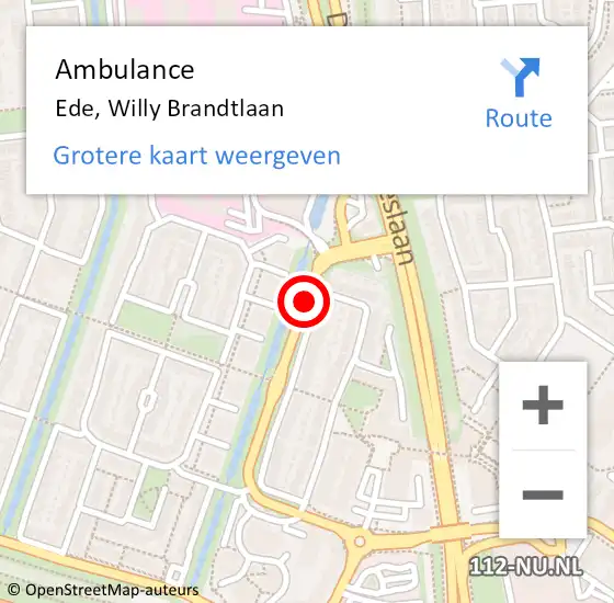 Locatie op kaart van de 112 melding: Ambulance Ede, Willy Brandtlaan op 20 augustus 2018 15:38