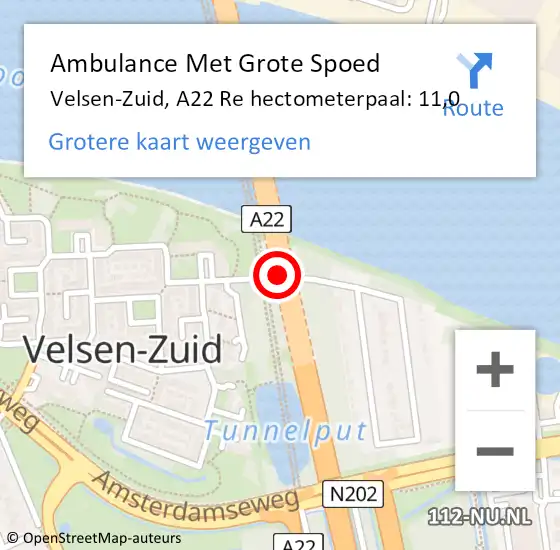 Locatie op kaart van de 112 melding: Ambulance Met Grote Spoed Naar Velsen-Zuid, A22 Re hectometerpaal: 11,0 op 21 augustus 2018 08:09