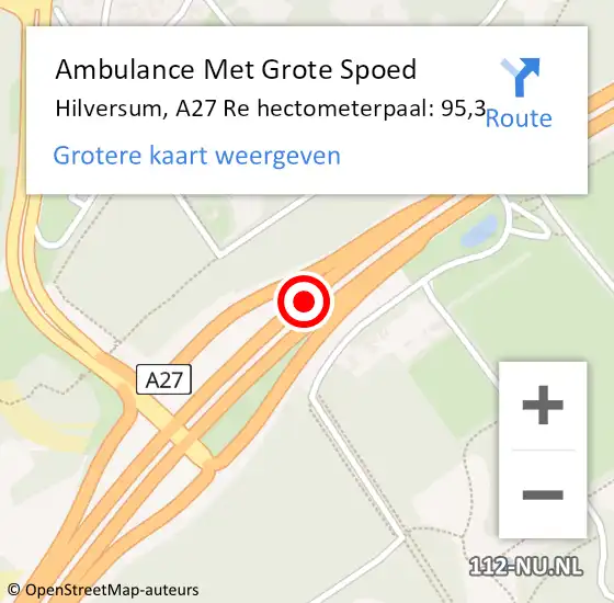 Locatie op kaart van de 112 melding: Ambulance Met Grote Spoed Naar Hilversum, A27 Re hectometerpaal: 95,3 op 21 augustus 2018 10:19